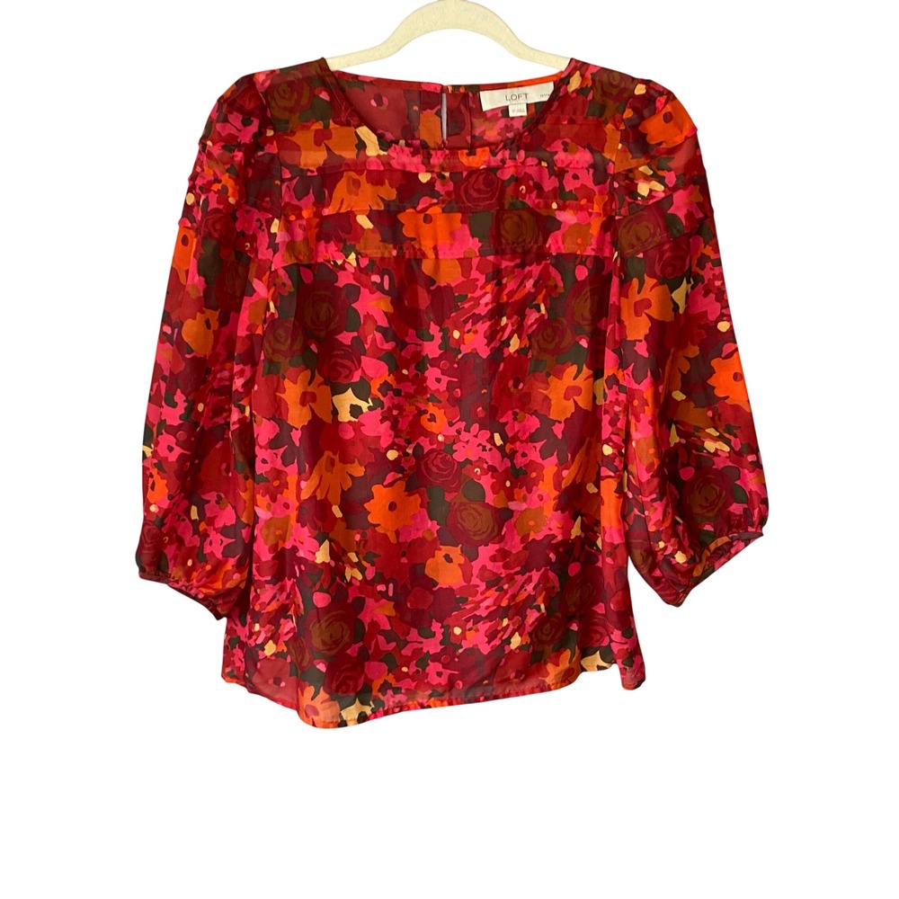 LOFT Red Floral Pintuck Pleated 3/4 Balloon Sleeve Blouse SP Womens‎ Petite